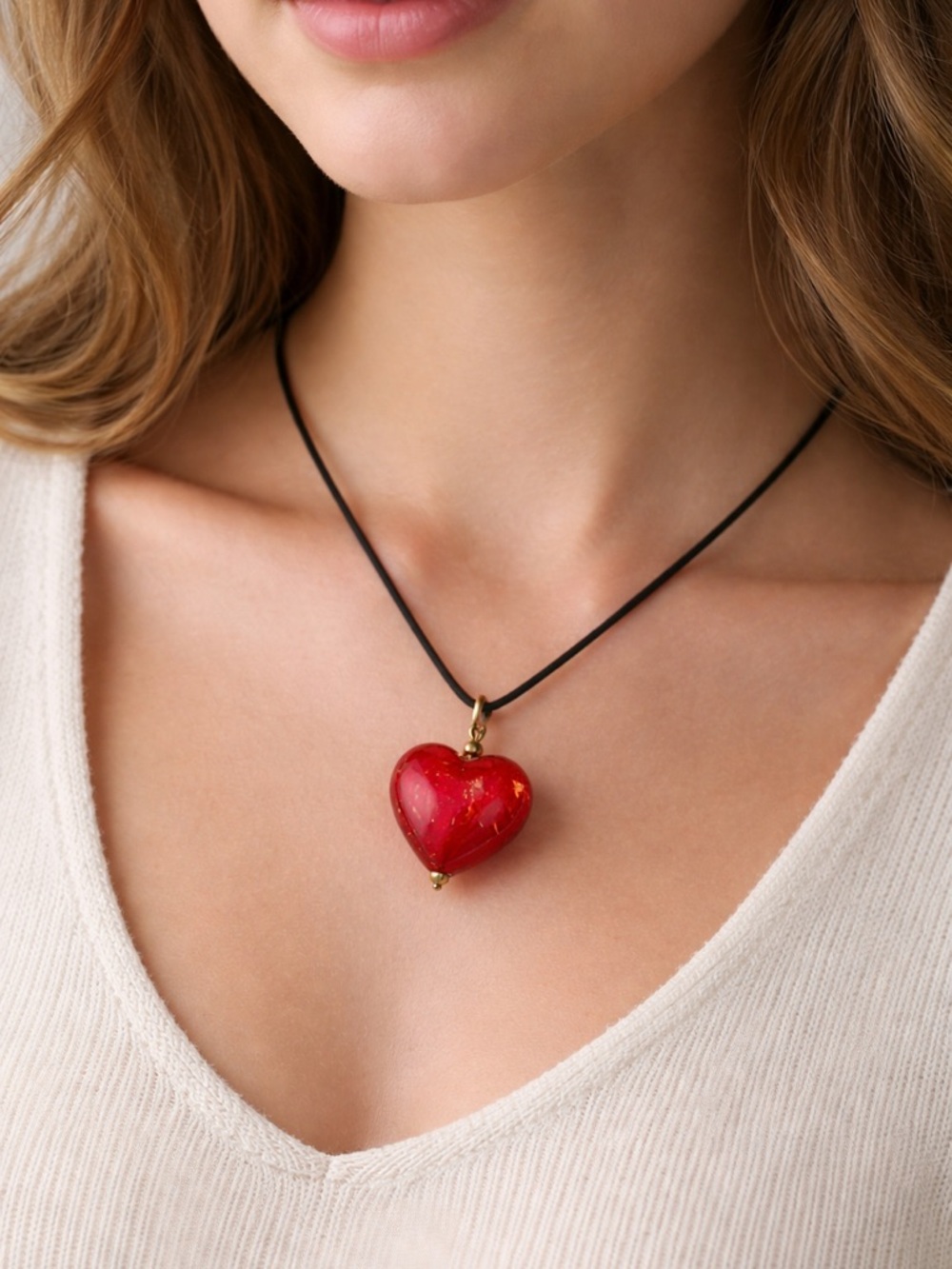 Red Glass Heart Pendant on Black Cord whimsical coquette 16"